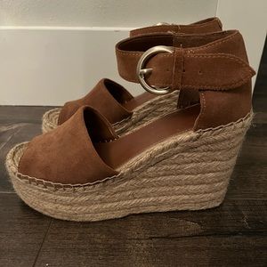 Marc Fisher wedge espadrille sandal in light brown suede